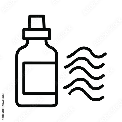 Black line icon of a spray bottle next to wavy lines representing mist or fragrance