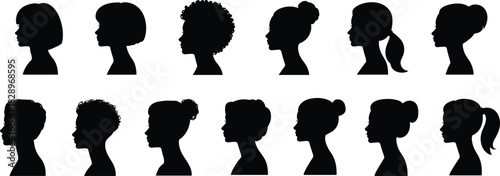 Diverse Female Head Silhouette Vector Set, Women's Side Profiles with Various Hairstyles, Including Short, Afro, and Ponytail