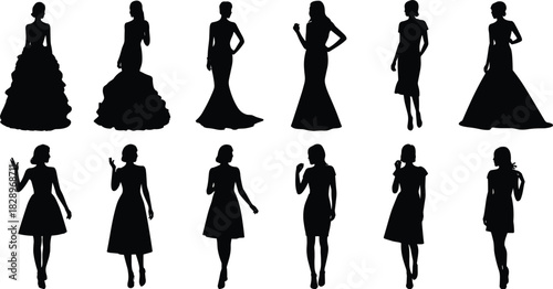 Elegant Female Model Silhouette Set, Vector Collection of Women in Fashionable Dresses, Gowns, and Cocktail Attire, Isolated