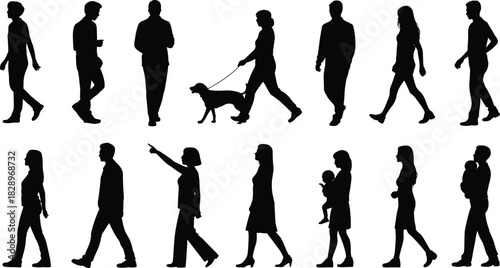 Everyday People Walking Silhouette Vector Set, Diverse Adults, Families, and Women with Dog for Architectural Scale and Crowd Graphics