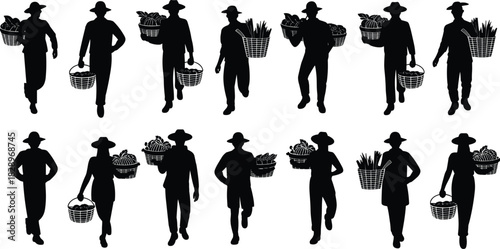 Farmer and Gardener Silhouette Vector Set, Men and Women Carrying Baskets of Fresh Vegetables and Produce for Harvest and Market Graphics