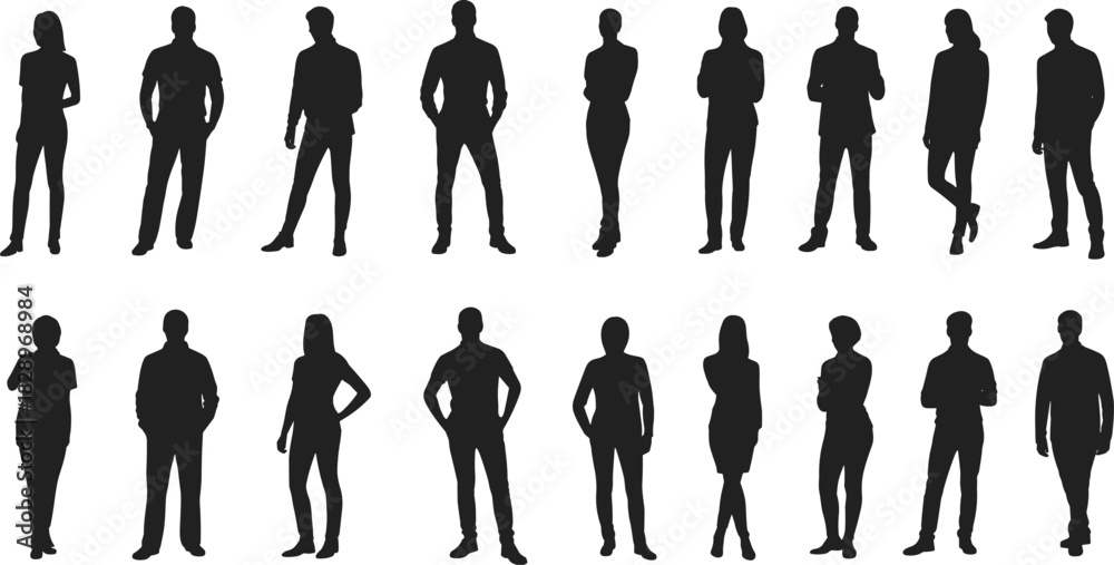 Fototapeta premium Large Diverse Standing People Silhouette Vector Set, Men and Women in Casual and Business Poses for Architectural Scale Graphics