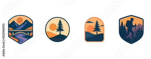 Vintage hiking and nature emblems featuring scenic landscapes