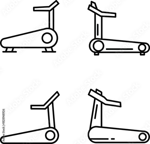Treadmill machine line icon set fitness equipment for cardio exercise running and walking gym workout healthy lifestyle and weight loss in simple vector style