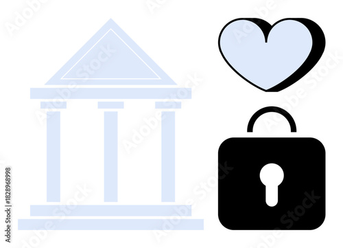 Bank building beside a heart and padlock emphasizing trust, love, and security. Ideal for finance, trust, security, relationships, safety protection and responsibility. Simple flat metaphor