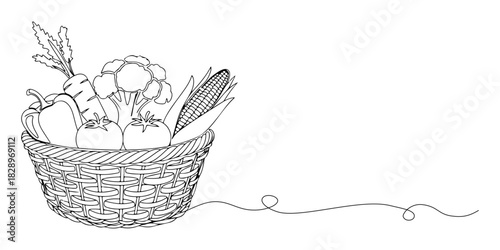 Continuous one line of a vegetable basket, representing healthy meal planning, drawn vector illustration.