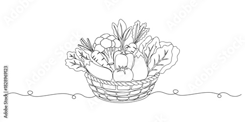 Continuous one line of a vegetable basket, representing healthy meal planning, drawn vector illustration.