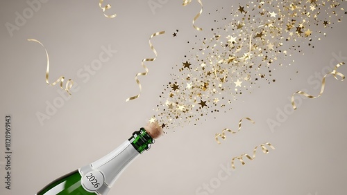 Champagne bottle popping with a burst of golden confetti and streamers against a soft, neutral background, symbolizing celebration and luxury