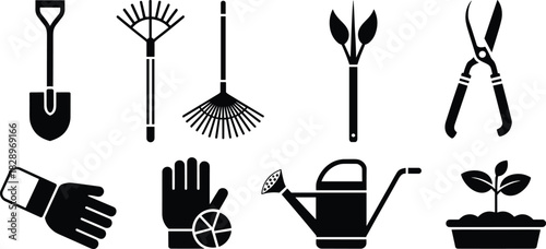 Professional Gardening Tool Icon Set, Vector Shovel, Rake, Pruners, Gloves, Watering Can, and Seedling Silhouette for Horticulture