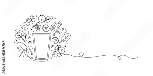 Continuous one line of a healthy smoothie ingredients layout in simple outlines, symbolizing clean nutrition, draw vector illustration.