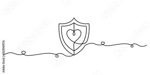 Continuous one line of a prevention shield symbol with heart, representing health awareness and protection, drawn vector illustration.