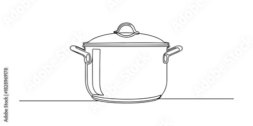 Continuous one line of a healthy cooking pot, symbolizing home meal preparation education, draw vector illustration.