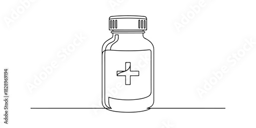 Continuous one line of a vitamin bottle, symbolizing nutrition support education supplement, drawn vector illustration.
