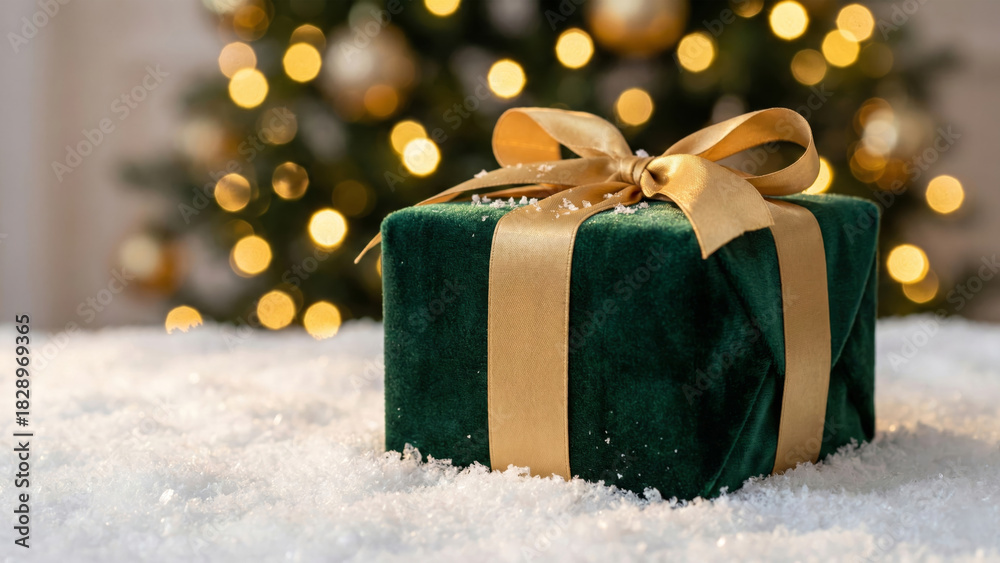 Fototapeta premium Elegant Dark Green Velvet Christmas Gift Box with Gold Ribbon Bow on Snow with Warm Bokeh Background