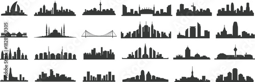 World Famous City Skylines Silhouette Vector Set, Diverse International Urban Landmarks and Building Clusters for Global Travel