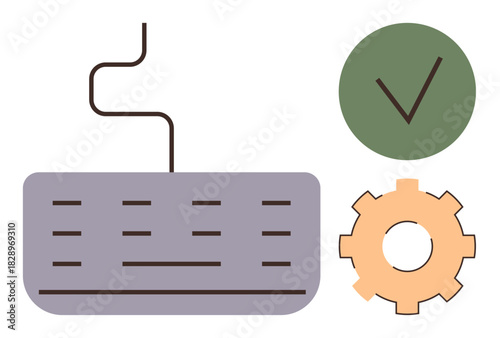 Keyboard with wire, orange gear symbolizing process, and green checkmark indicating success. Ideal for efficiency, productivity, workflow, automation, software development, task management simple
