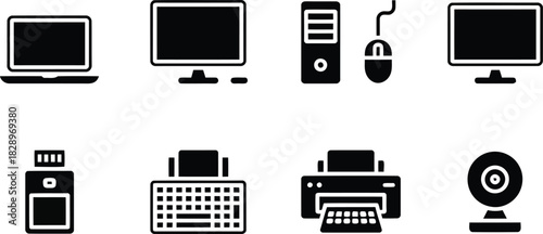 Collection of black and white technology icons displaying various computer hardware and peripheral devices