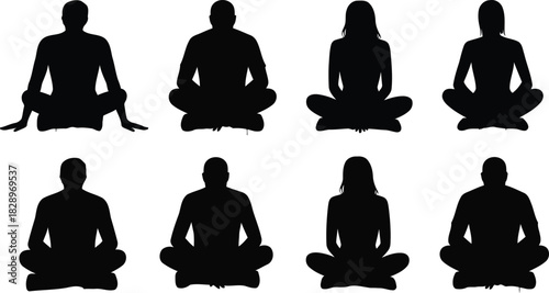 Black silhouettes of people sitting in various peaceful and yoga inspired cross legged positions
