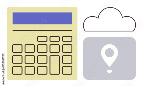 Calculator, cloud icon, and map pin symbolize data calculation, cloud storage, navigation. Ideal for technology, data management, digital tools, finance location services cloud computing simple