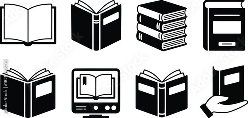 Collection of eight simple black and white book icons for education and reading themes