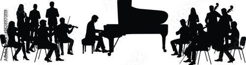 Orchestra concert performance silhouette with pianist and musicians playing string instruments at a classical music event vector