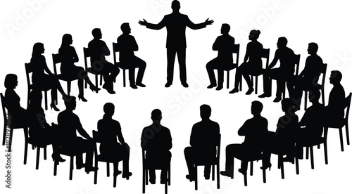 Business meeting or group therapy session with people sitting in a circle listening to a standing leader silhouette vector