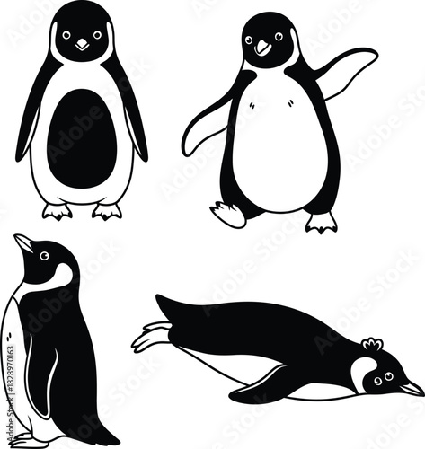 Cute emperor penguin vector icon set in different poses, standing and sliding, for wildlife and winter design.
