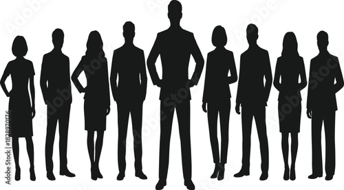 Black silhouette vector graphic of a professional business team, with a male leader standing prominently in the center, symbolizing corporate hierarchy, success, and teamwork.