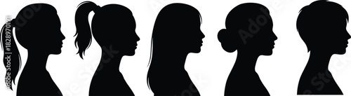 Black silhouette vector profile set showcasing five different female hairstyles, including ponytail, long straight hair, bun, and short haircut, representing beauty and diversity.