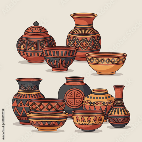 Artistic collection of pottery with handcrafted detailed decorative design