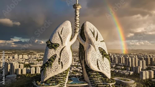 Cinematic 3D animation of a giant eco-building shaped like human lungs covered in greenery. Concept of urban air purification, solarpunk architecture, and sustainable city future.
