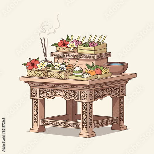 Balinese offerings on carved wooden altar with flowers and incense sticks