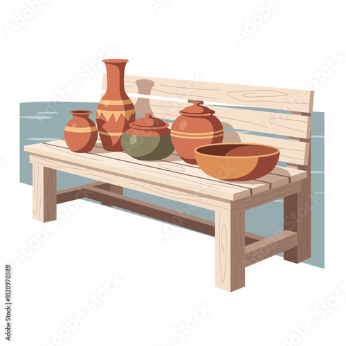 Collection of handcrafted clay pottery displayed on a rustic wooden bench