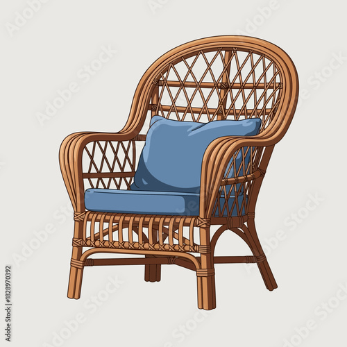 Cozy wicker armchair with plush blue cushions providing comfort and style