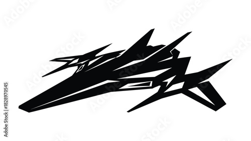 Black abstract geometric spaceship silhouette on white background futuristic