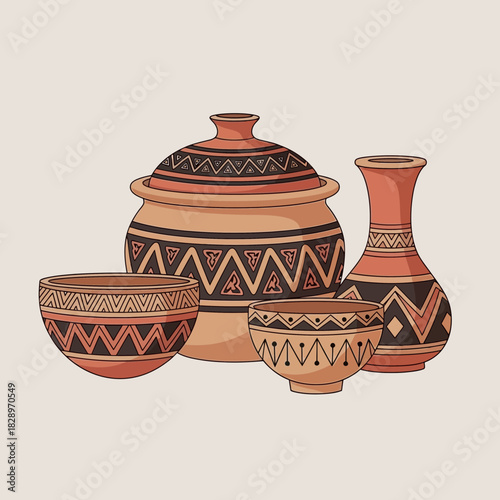 Handcrafted ceramic vessels with earthy tones and unique geometric patterns