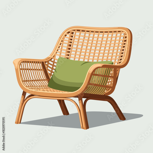Isolated Wicker Chair with Cushion, Cozy and Comfortable Home Decor Illustration