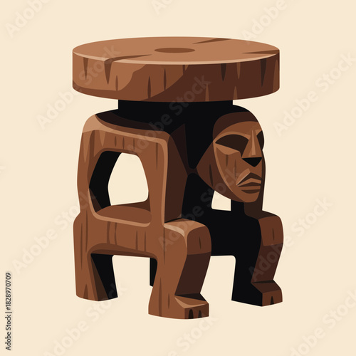 Striking Wooden Stool with Human Face Carving for Exotic Decor