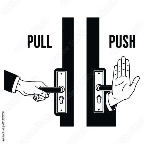 Door with pull and push instructions showing hands using handles in black and white