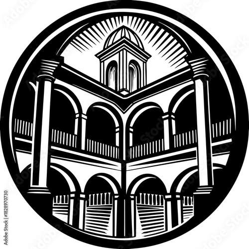 Circular emblem of a classical courtyard building with a dome