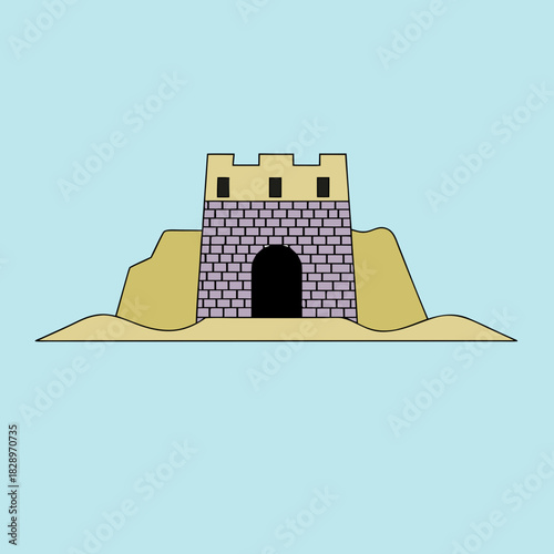 Cartoon castle tower on a sandy mound