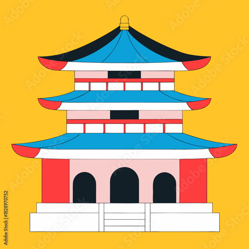 Colorful stylized east asian pagoda building illustration