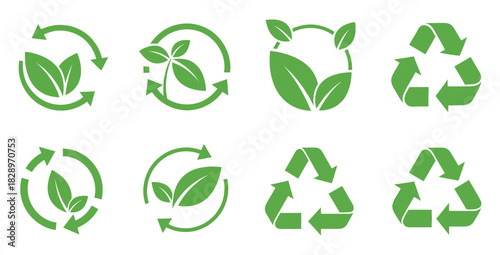 Green recycling symbols with leaves representing sustainable and ecofriendly practices