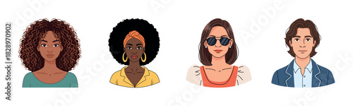Diverse cartoon portraits of four young adults: two female, two male with varying styles and expressions