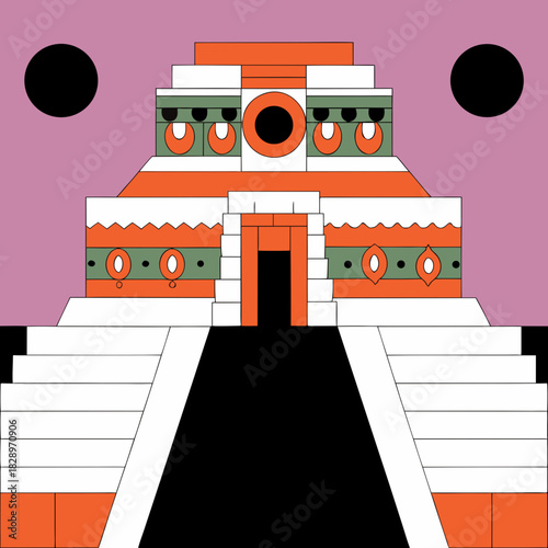 Stylized mesoamerican pyramid with celestial bodies