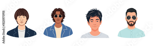 Diverse male portraits: young asian, african, caucasian, hispanic with sunglasses and hairstyles