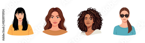 Diverse female portraits: asian, caucasian, african, caucasian in sunglasses