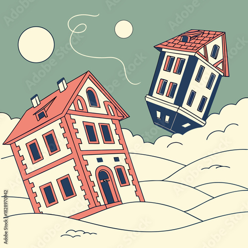 Surreal houses floating in the sky above rolling hills