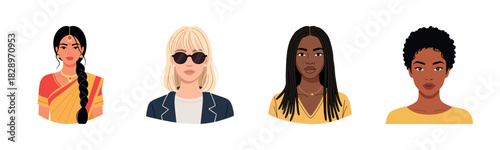 Diverse female avatars: asian, caucasian, african, young adults in various styles