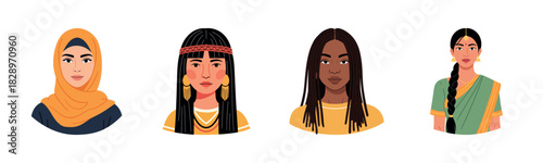 Diverse female portraits: cultural attire and hairstyles of various ethnicities